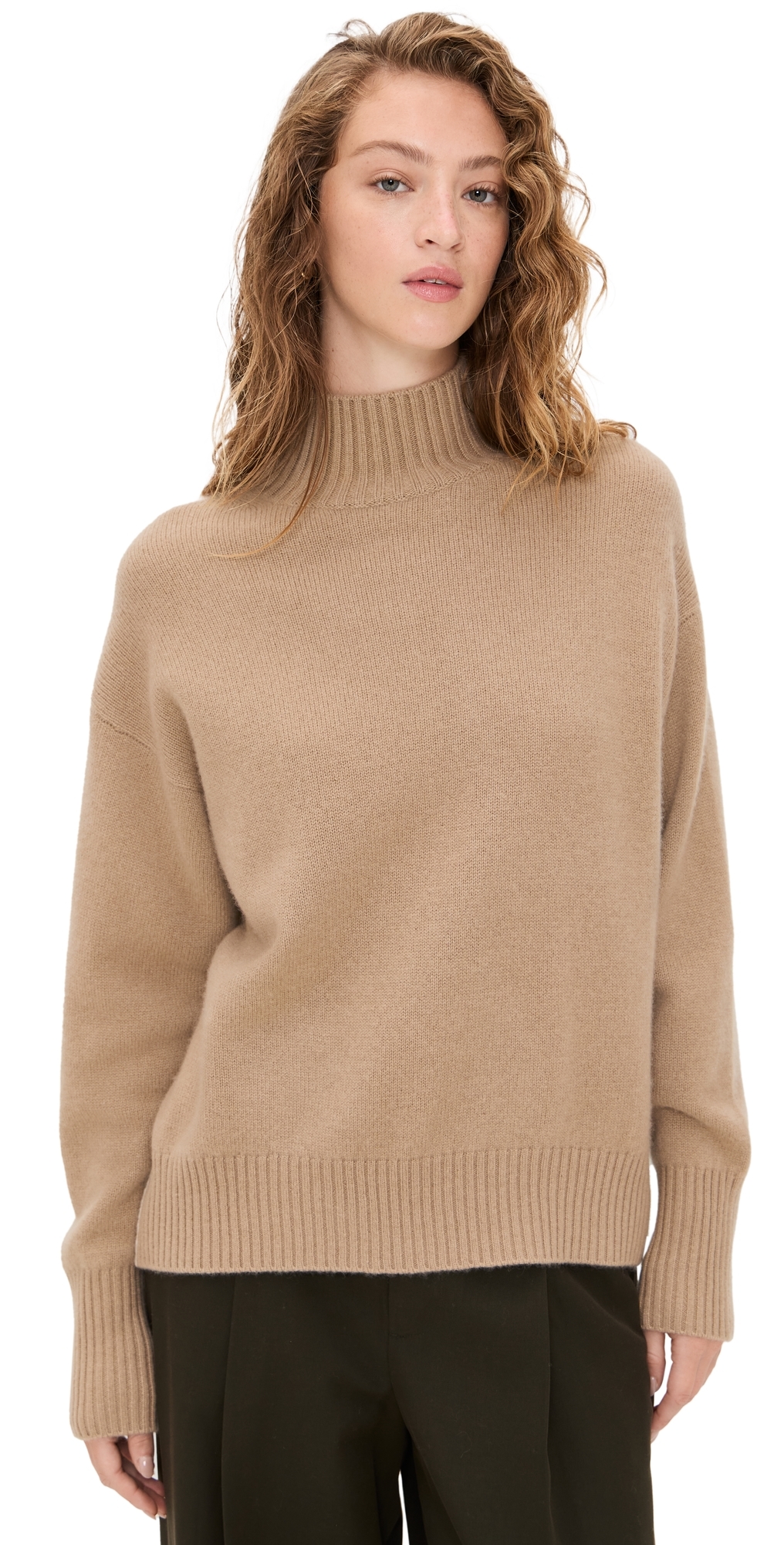 White & Warren Cashmere Oversized Standneck Sweater Khaki In Brown
