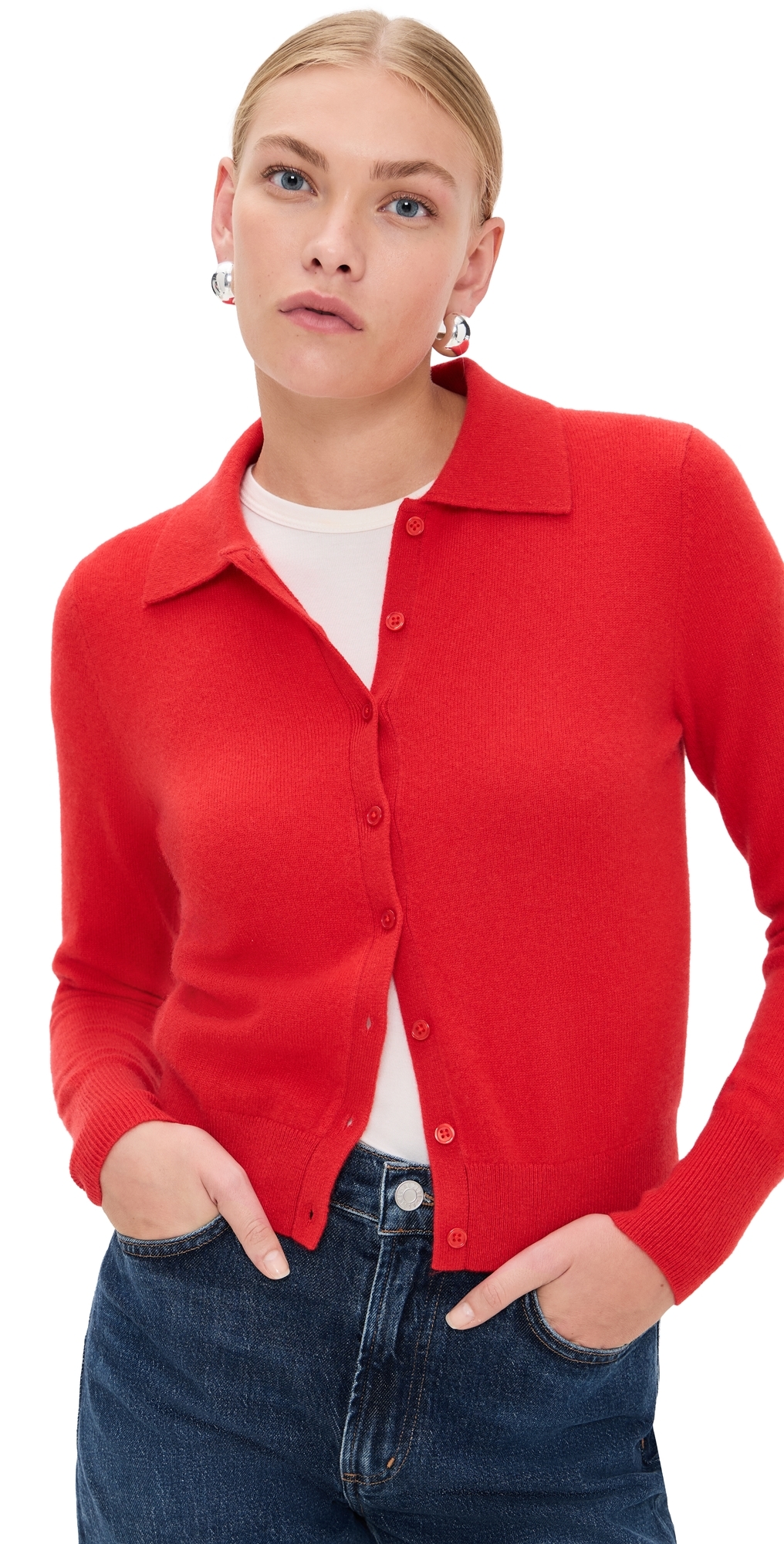 White + Warren Cashmere Collared Cardigan French Red In Red