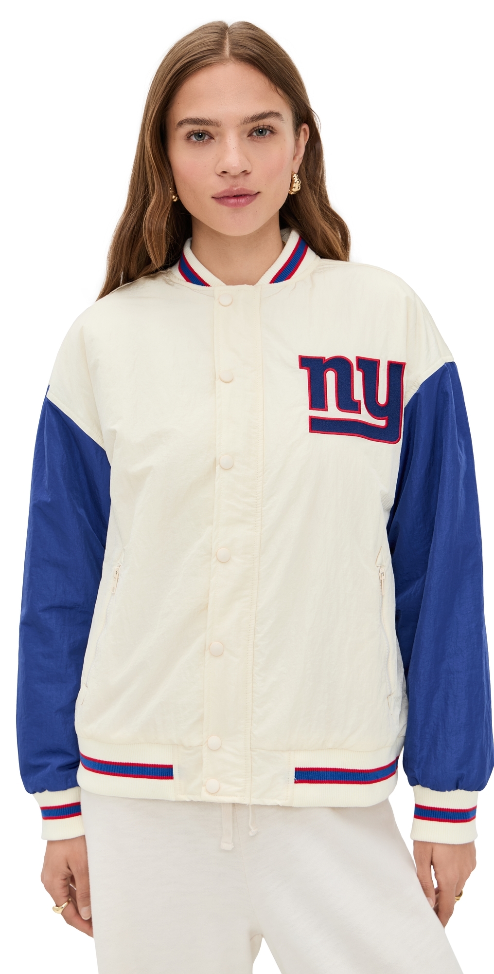 Terez Ny Giants Colorblock Bomber Jacket Ny Giants Sugar Swizzle/blue In White