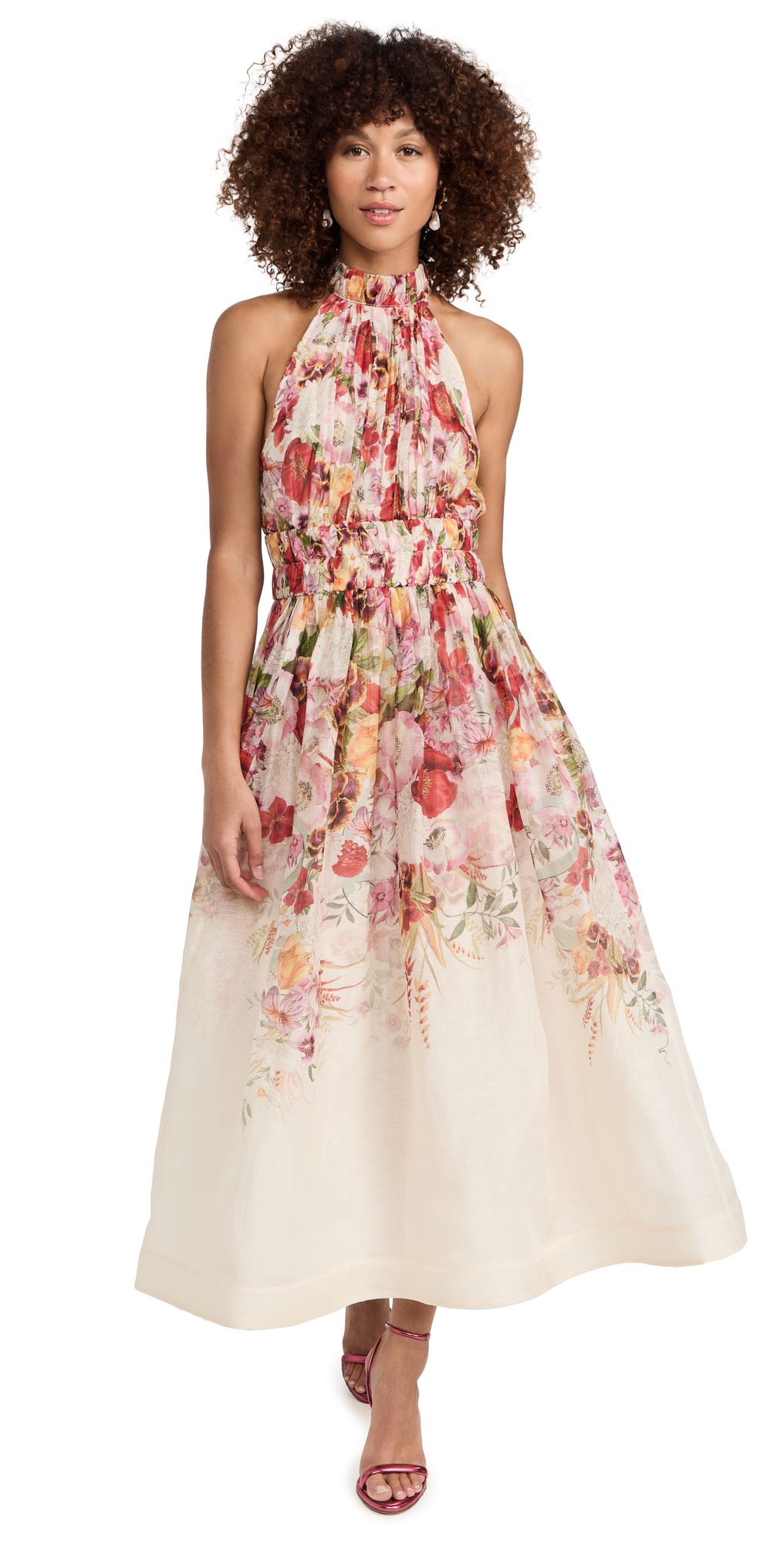 Zimmermann Wonderland Floral-print Linen-blend Midi Dress In Pink ...