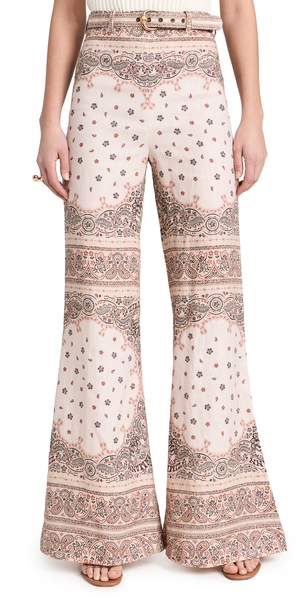 Zimmermann Belted Paisley-print Linen Flared Pants In Multi