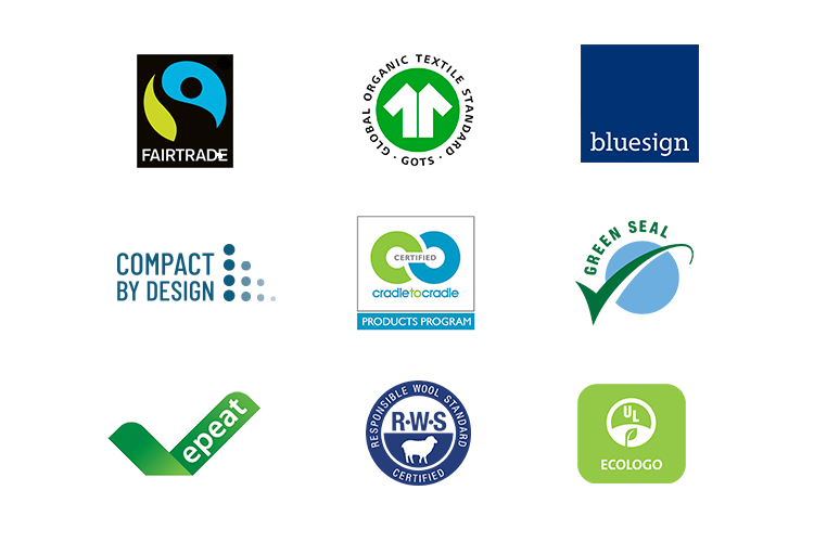 Nine sustainability certification logos for ethical and eco-friendly Amazon products