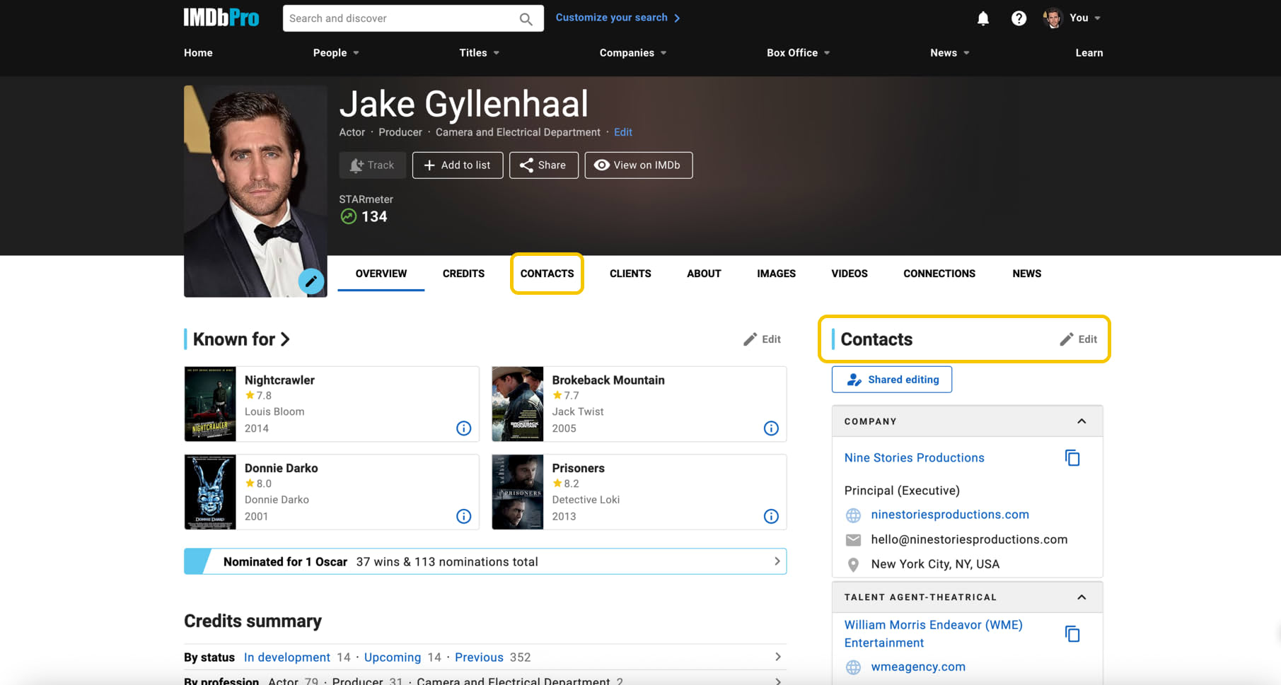 Example of Edit Contacts option on IMDbPro
