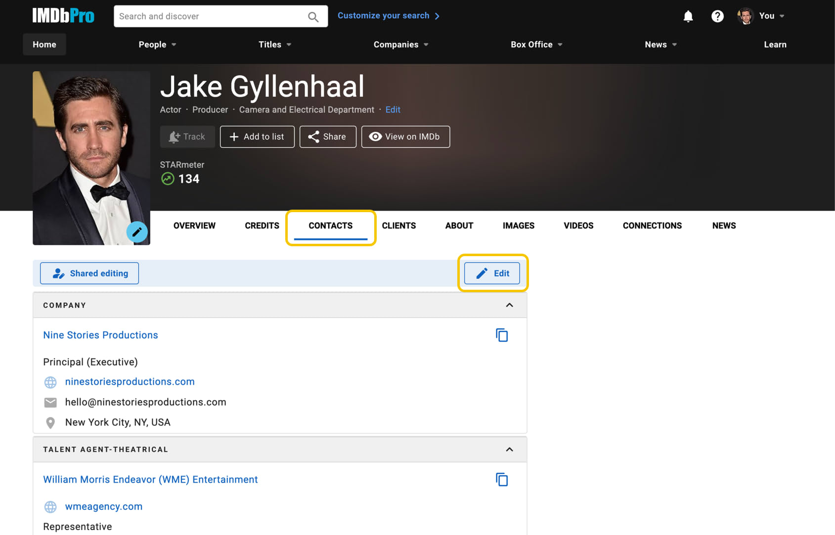 Edit contacts page on IMDbPro