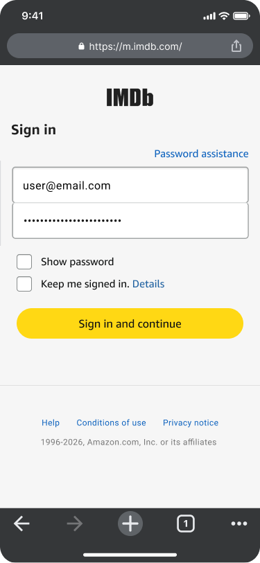Mobile site: enter login details