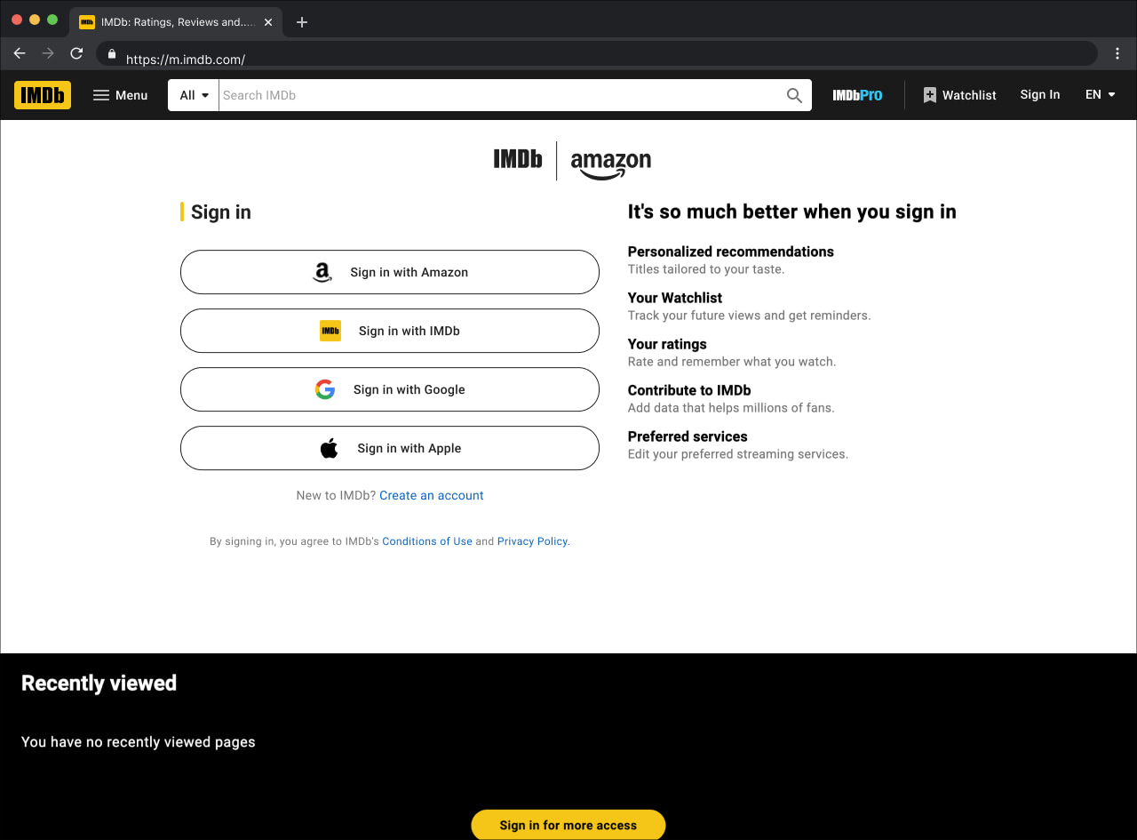 IMDb sign-in page with multiple authentication options