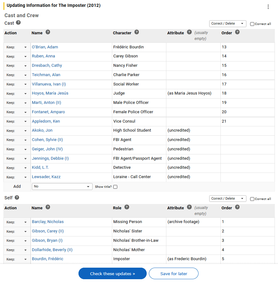 Example cast and self credit ordering in contribution form