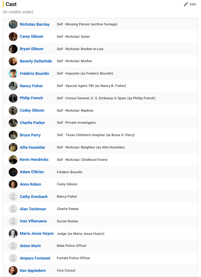 Example cast and self credit ordering on title page