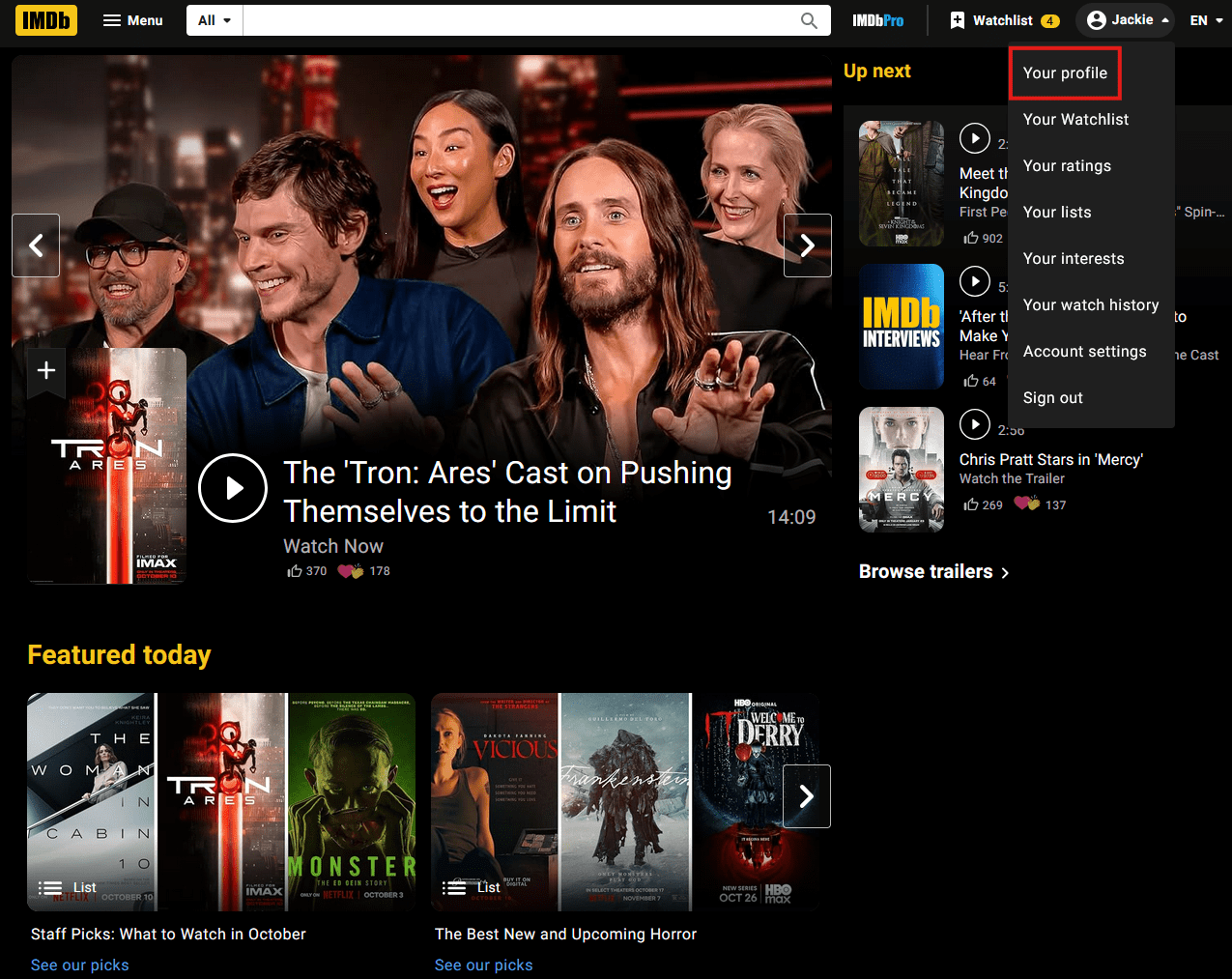 Navigating to your profile on IMDb