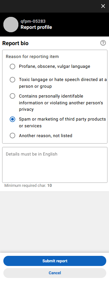 report user profile bio reasons