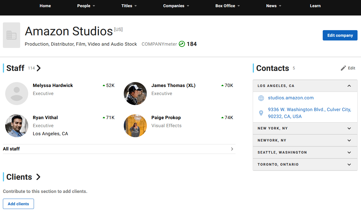Example of Amazon studios page