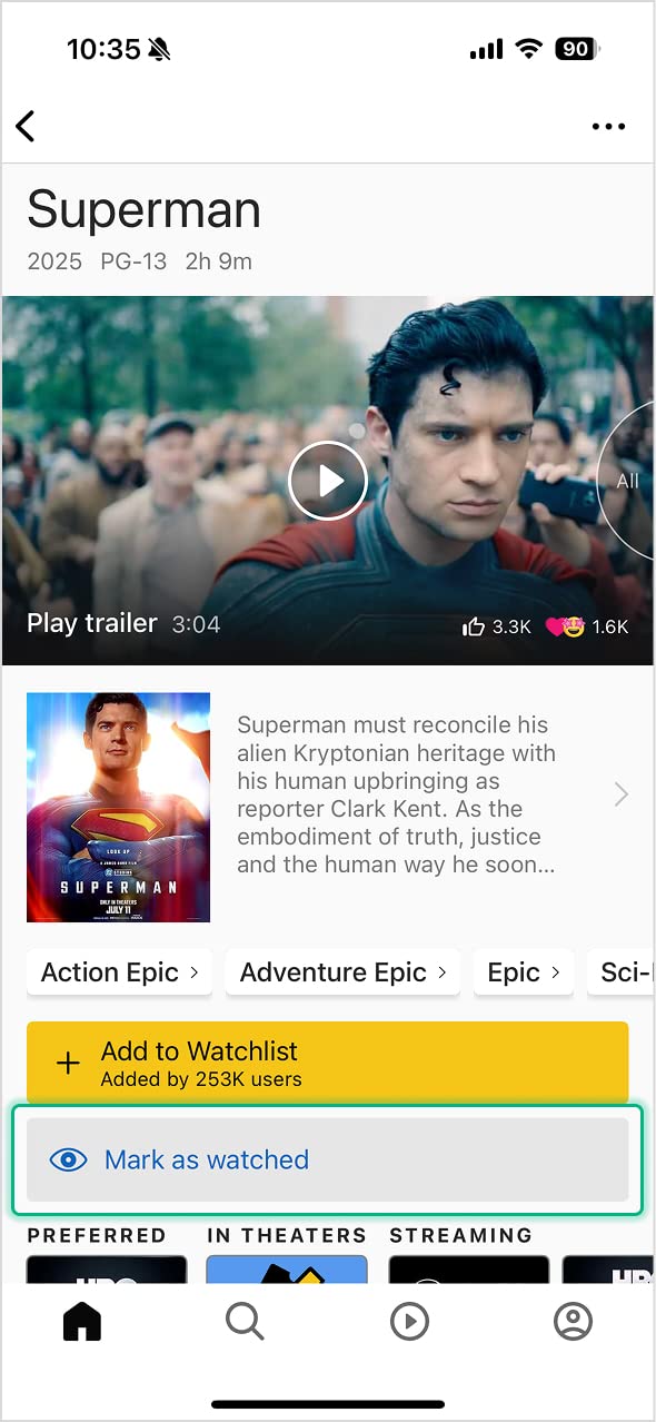 example of marked as watched feature on iOS app