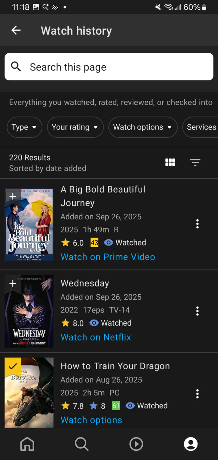 example of user watch history page on Android