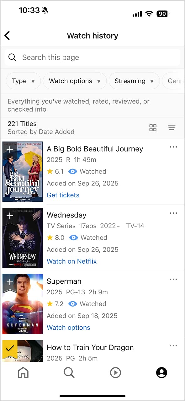 example of user watch history page on iOS