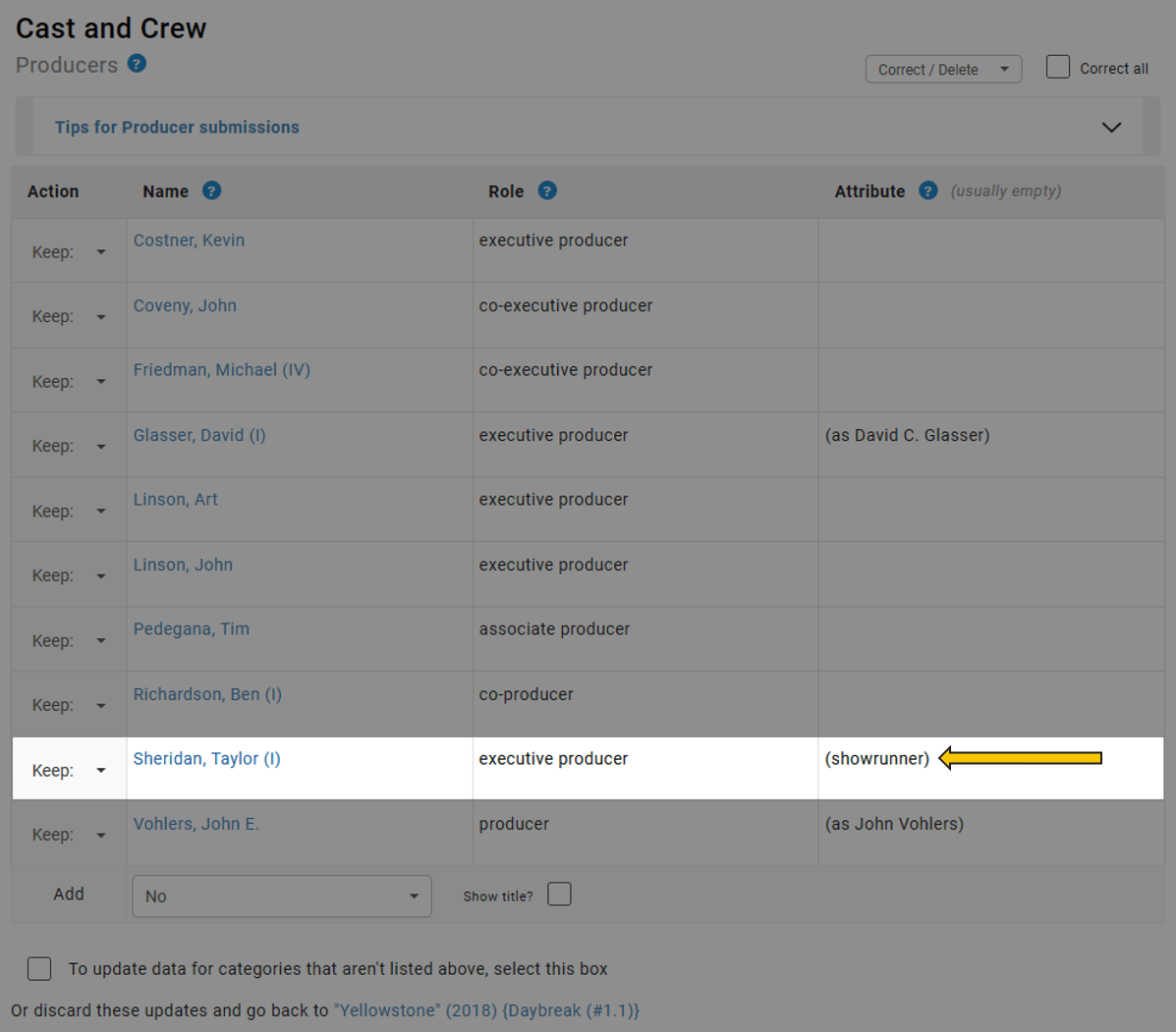 Image showing correctly entered showrunner credit, i.e. no duplicate credit listings