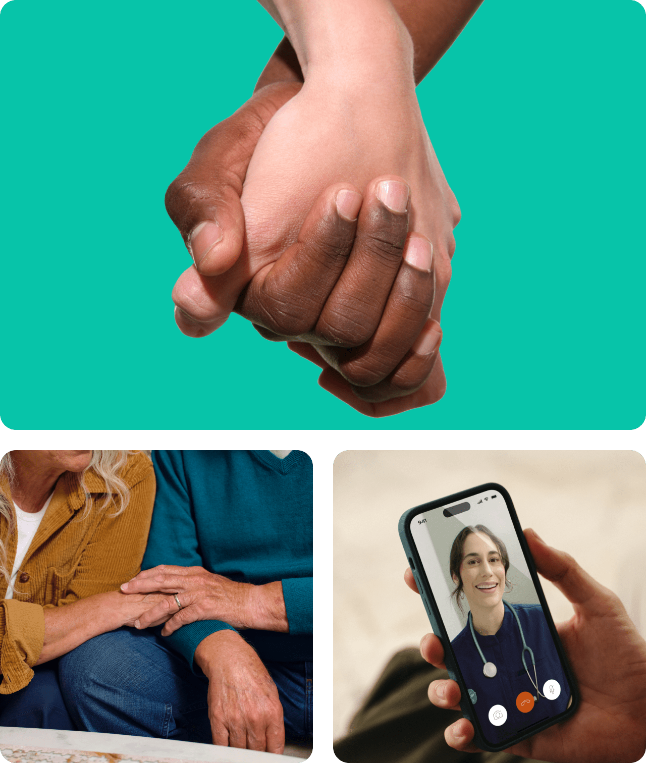 Hands of different skin tones clasp romantically; married couple enjoys a loving moment; hand holds phone open to Amazon One Medical erectile dysfunction treatment plan