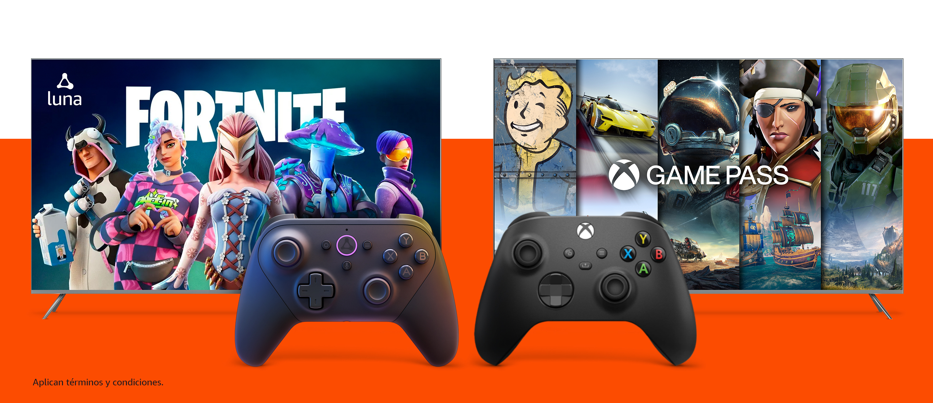 An HDTV displays the promotional screen for the game "Fortnite." A Luna game controller sits in front of the HDTV.