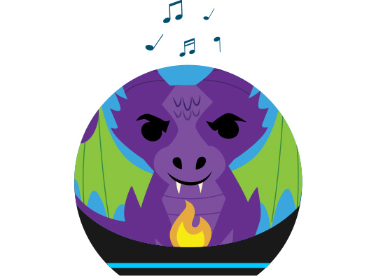 echo dot kids designed as a purple dragon with green wings and small fangs. Musical notes float above the device, which has a small flame at the bottom of the circular design.