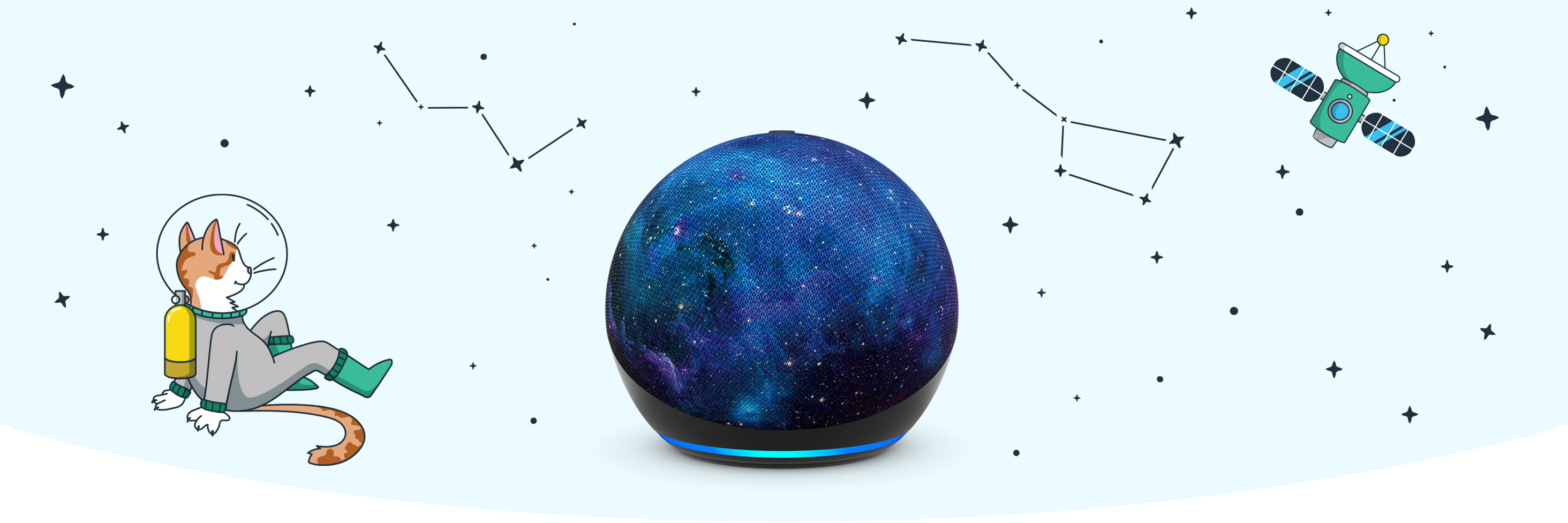 Echo Dot 5th Gen with cosmic blue design in a space-themed illustration featuring cartoon cat astronaut and satellite against a starry background with constellation patterns.