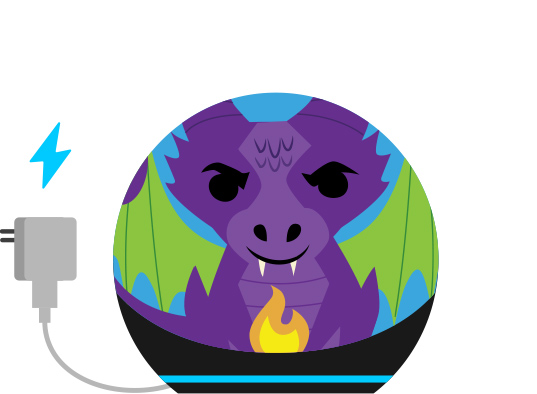 Echo Dot Kids with purple dragon design featuring green wings and blue accents. The spherical speaker shows a smiling dragon face with small fangs and is plugged into a power source.
