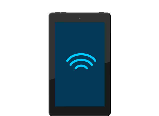 A black phone displaying a blue Wi-Fi icon on its screen against a dark blue background. The device shows the wireless connectivity symbol with three curved lines.