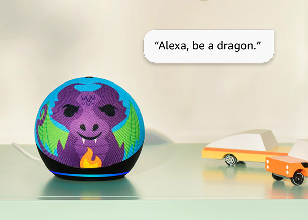 Echo Dot 5th Gen with purple dragon design on a shelf with toy car nearby. Text reads: "Alexa, be a dragon."