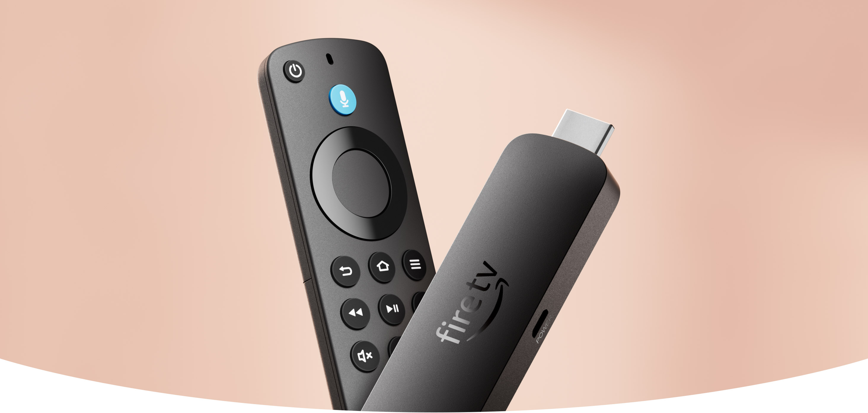 Fire TV 4K Select, a candy bar-shaped device with an HDMI connector on one end and a USB-C socket on the side. Alexa Voice Remote Enhanced, a rectangular-shaped device with a navigation ring and buttons on the front.