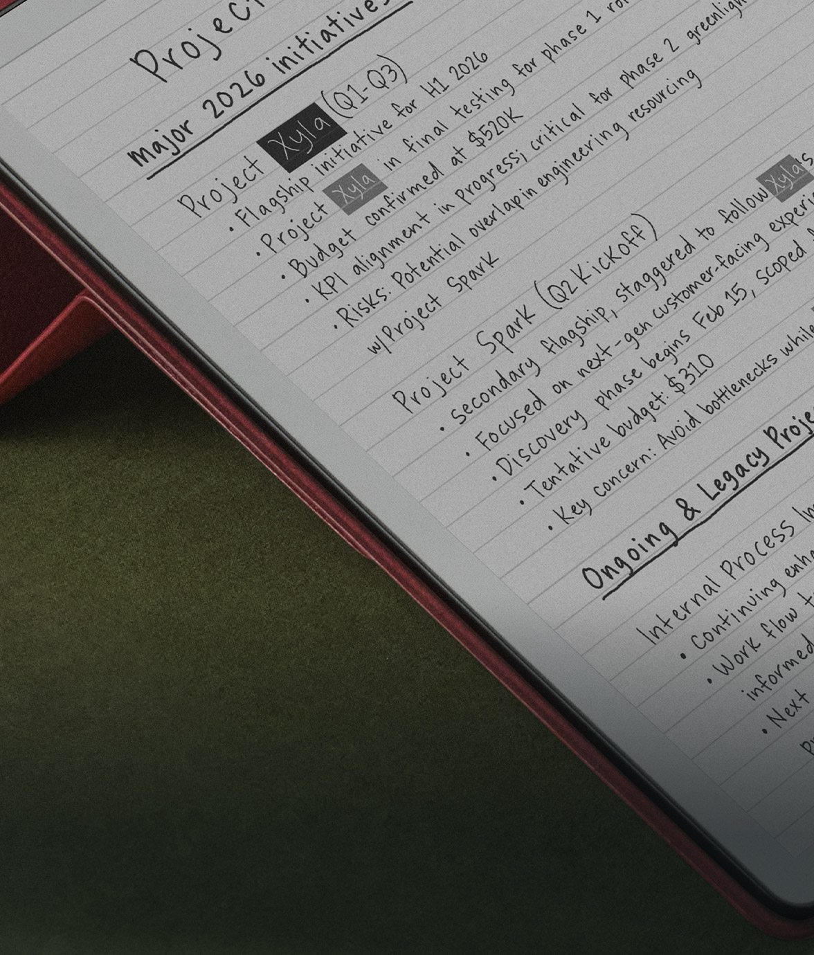 Close-up of Kindle Scribe without front light showing handwritten notes titled “Follow-ups” on screen with the search function active.