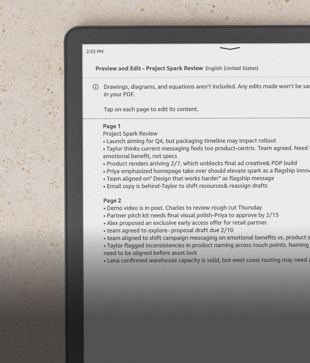 Kindle Scribe Colorsoft screen showing a PDF titled “Preview and Edit – Project Spark Review” with typed meeting notes on launch timelines, messaging, demos, partner kits, and performance goals.