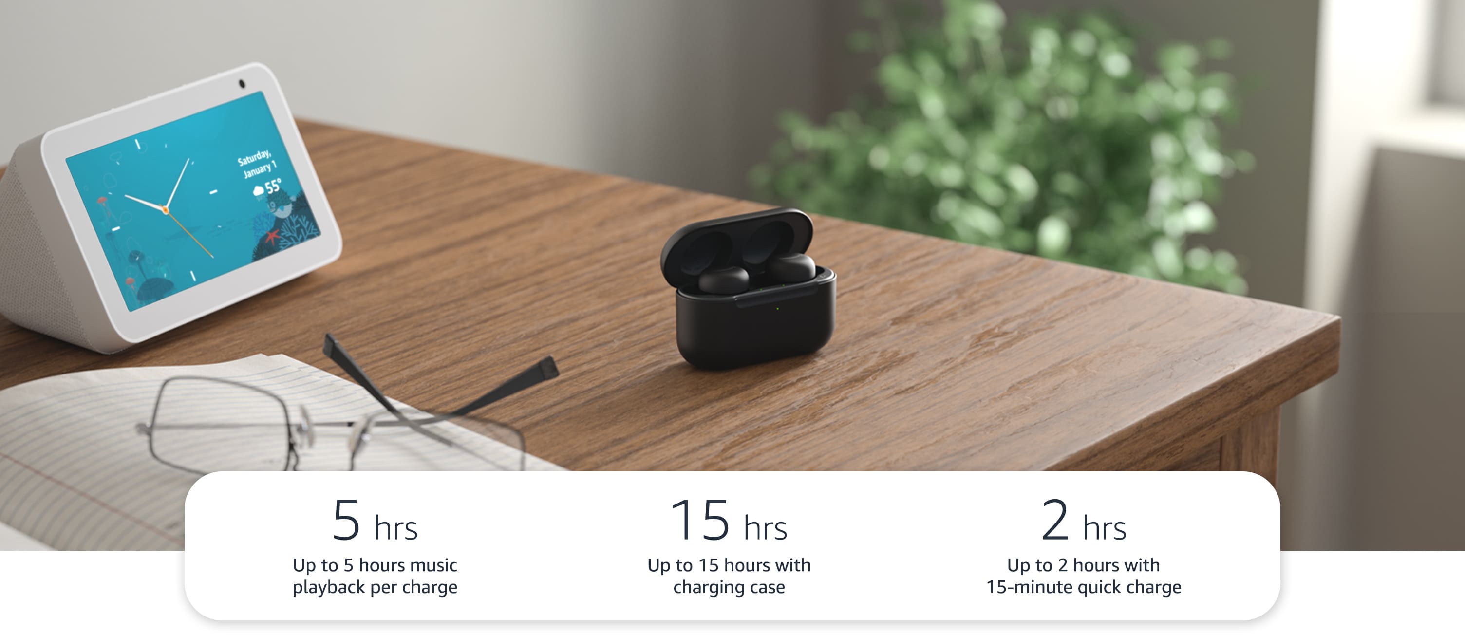 Até 5 horas de reprodução de música por carga. Até 15 horas com caixa de carregamento. Até 2 horas com carga rápida de 15 minutos.