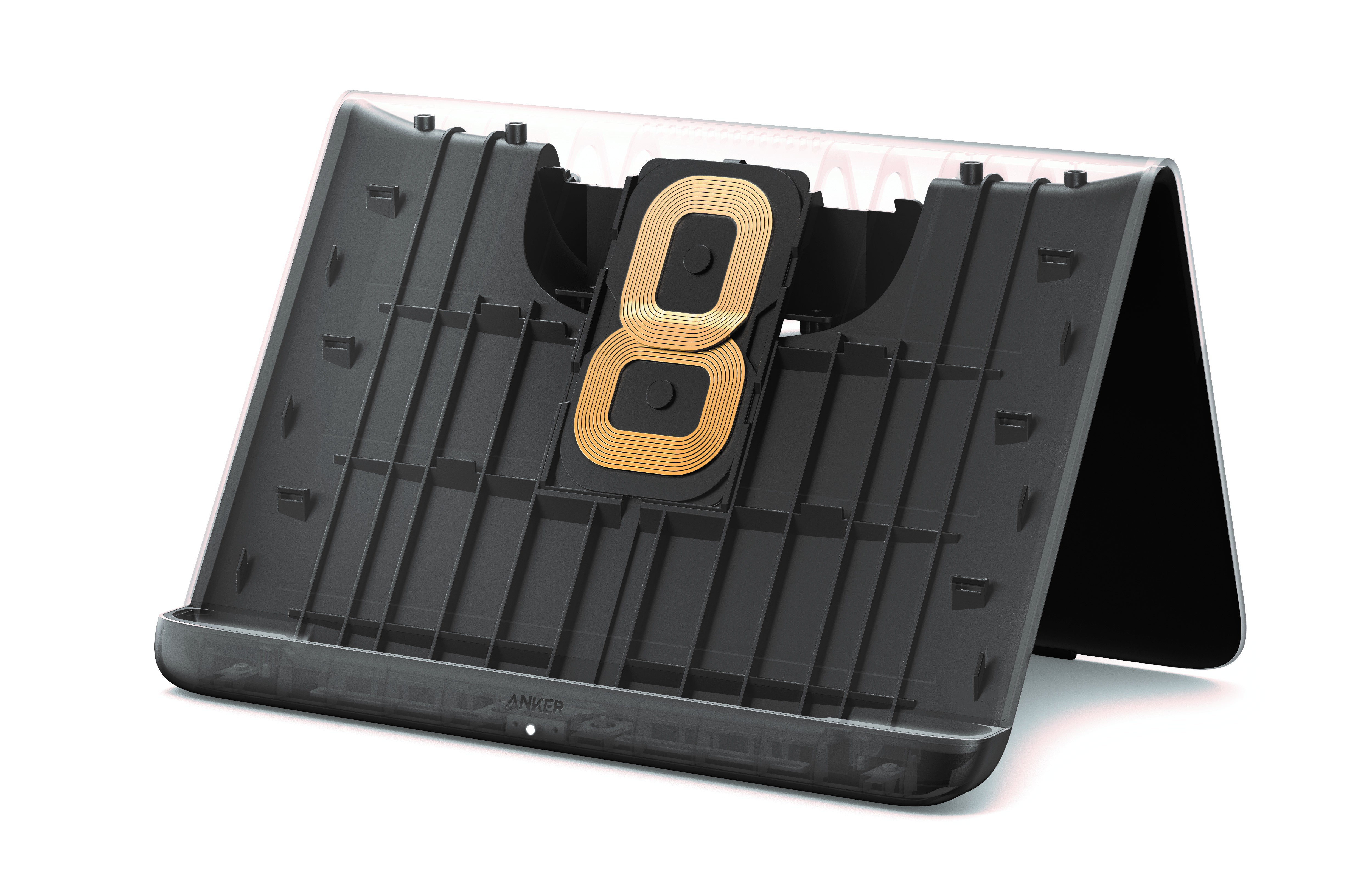 The charging coils are located on the back of the tablet and middle of the charging dock.