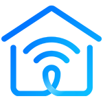 Blue outline icon of a house with Wi-Fi signal waves inside, representing smart home connectivity or wireless home network.