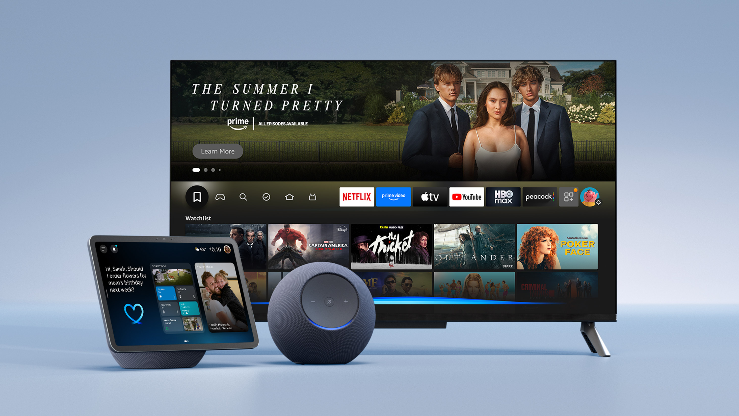 Smart home setup with Echo Show display, spherical Echo speaker, and TV showing Prime Video interface with "THE SUMMER I TURNED PRETTY" and streaming app icons including Netflix, YouTube, and HBO Max.