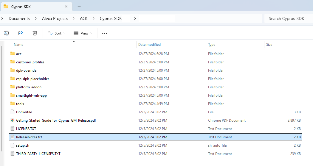 The list of directories and files in the ACK SDK for Matter folder, including ace, customer profiles, DPK override, ESP DPK placeholder, plaform addon, smartlight matter app, and tools.