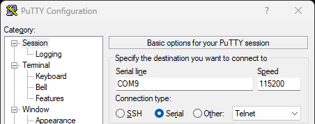 Image shows the Session tab in putty with the text fields to enter the port number and speed.