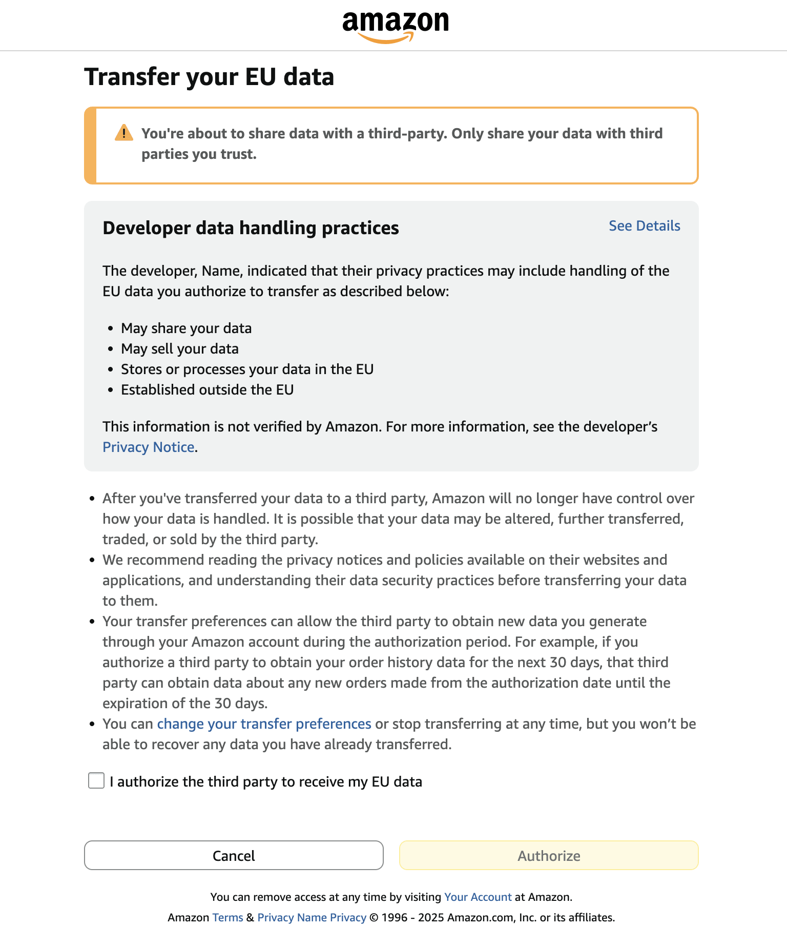 Developer Data Handling Practices page