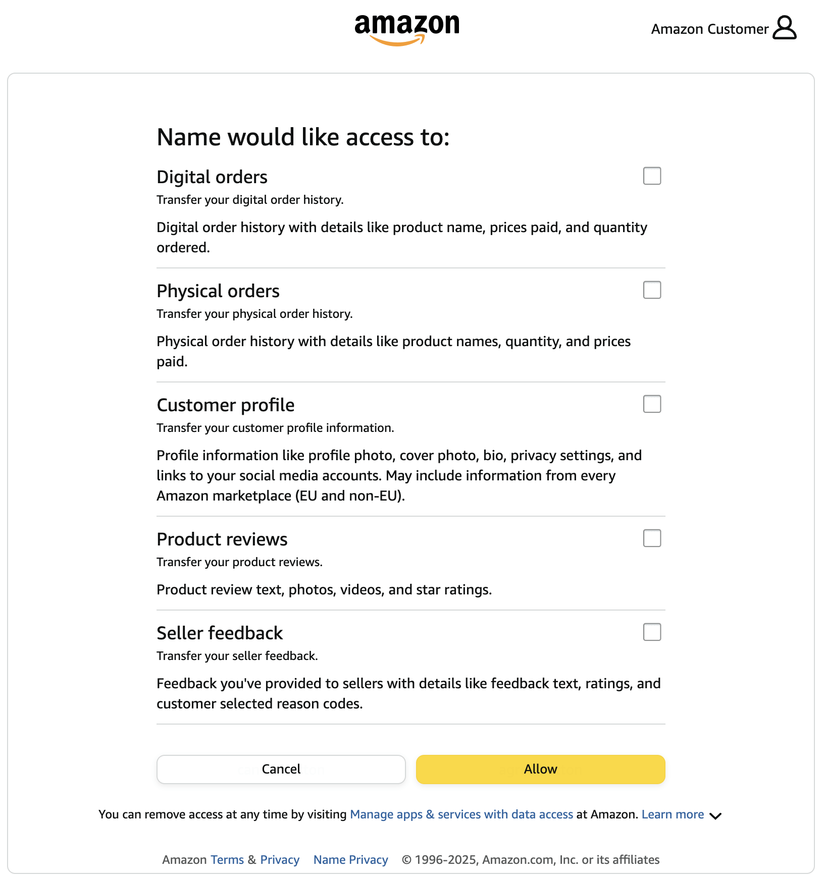 Sample Amazon Authorization page
