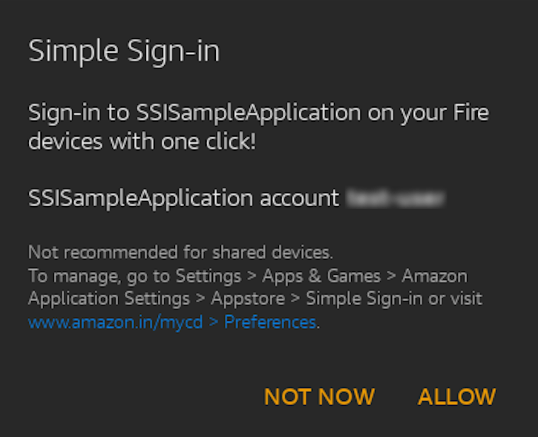 Sign in to SSISampleApplication on your Fire devices with one click! Allow; Not now