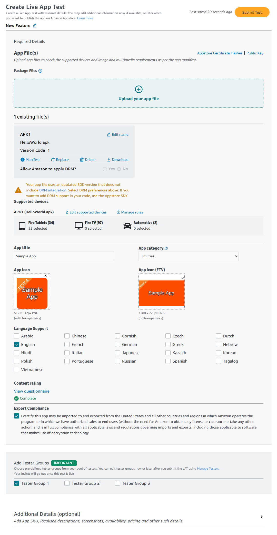 Create Live App Test screen