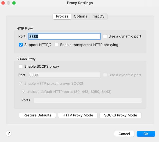 Screenshot that shows the Proxy Settings with the HTTP Proxy having port 8888 set.