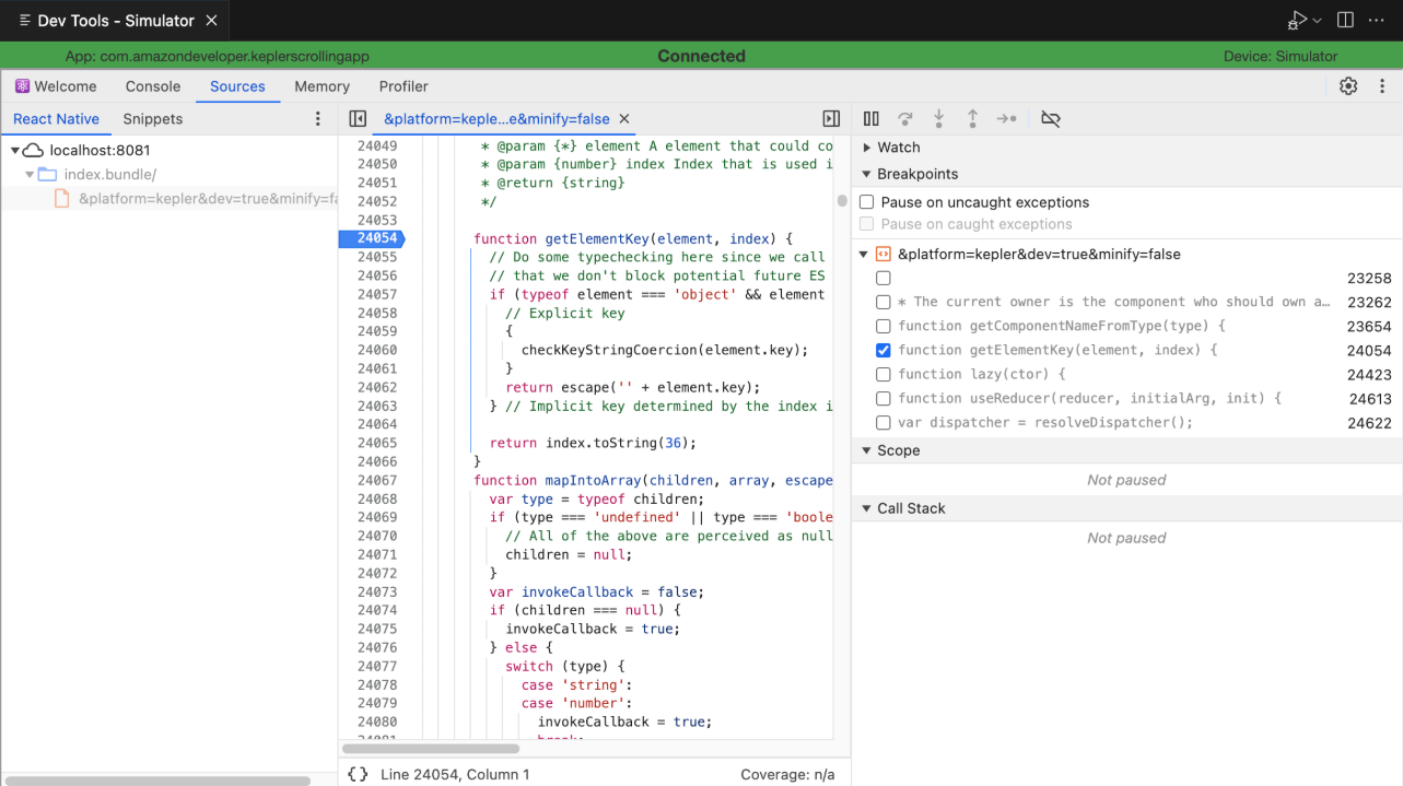 Screenshot that shows the setting of a breakpoint.