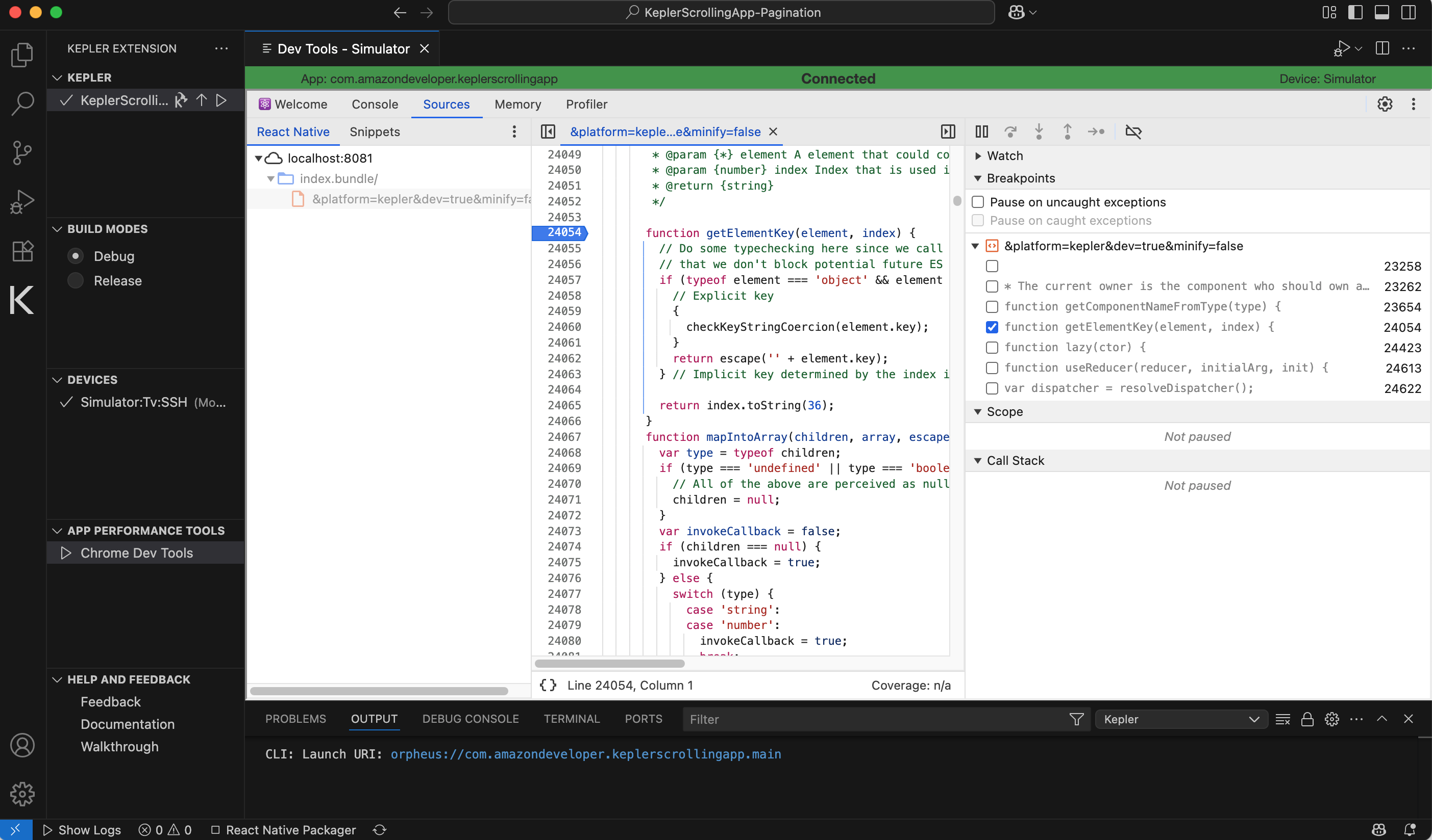 Screenshot that shows the line of code where the breakpoint is located has an information panel in the breakpoints section menu on the right.