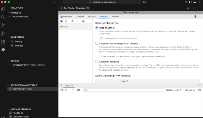 Screenshot that shows a CDT session where you can select a profiling type from the Memory tab of Profiles.