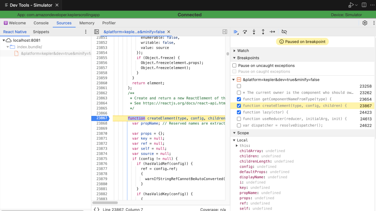 Screenshot that shows the runtime hitting a breakpoint and pausing.