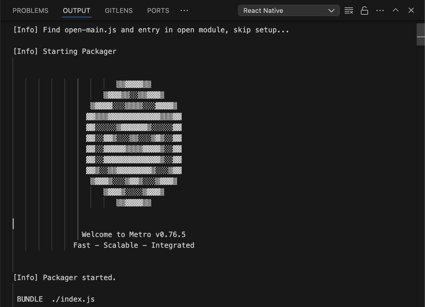 Screenshot of a connected React Native packager in the Vega Extension.