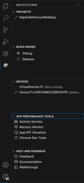 Vega Studio side bar with Chrome Dev Tools option