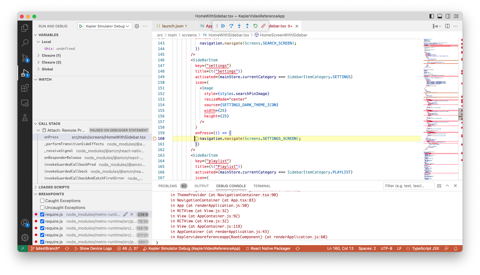 Screenshot showing the VS Code debug mode with Debug Toolbar and an active console.