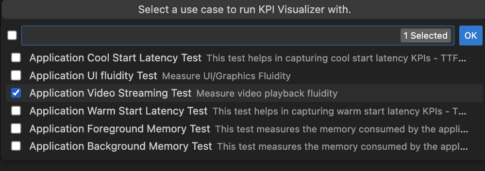 Screenshot that shows a list of use cases where you can select them.