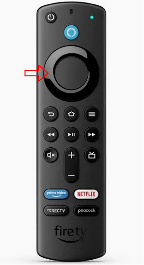 Screenshot that shows the Amazon Fire TV Stick remote control. The black directional pad is at the top beneath the power button.