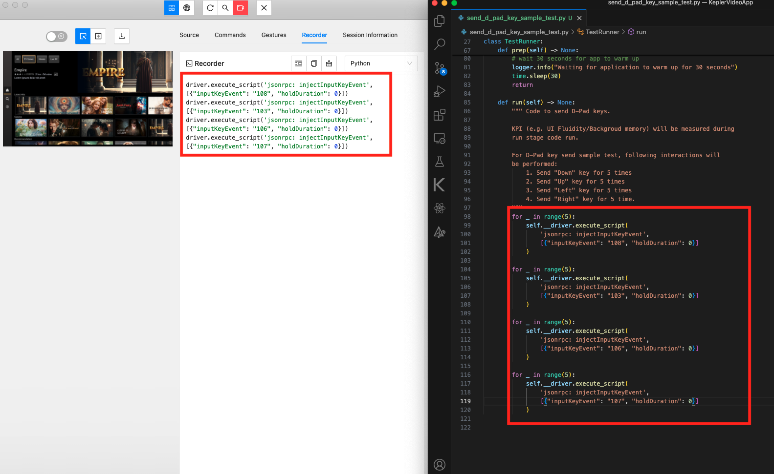 Screenshot that shows the D-pad key press events.
